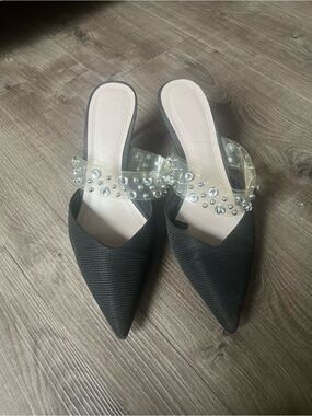 Zara Black Pointed Mule with Clear Jeweled Strap